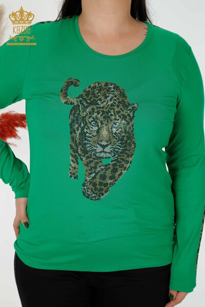 Wholesale Women's Blouse Tiger Pattern Green - 79050 | KAZEE - 2