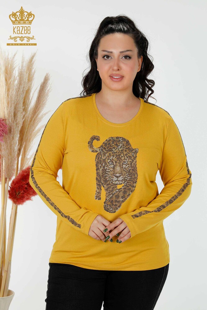 Wholesale Women's Blouse Tiger Pattern Saffron - 79050 | KAZEE - 1