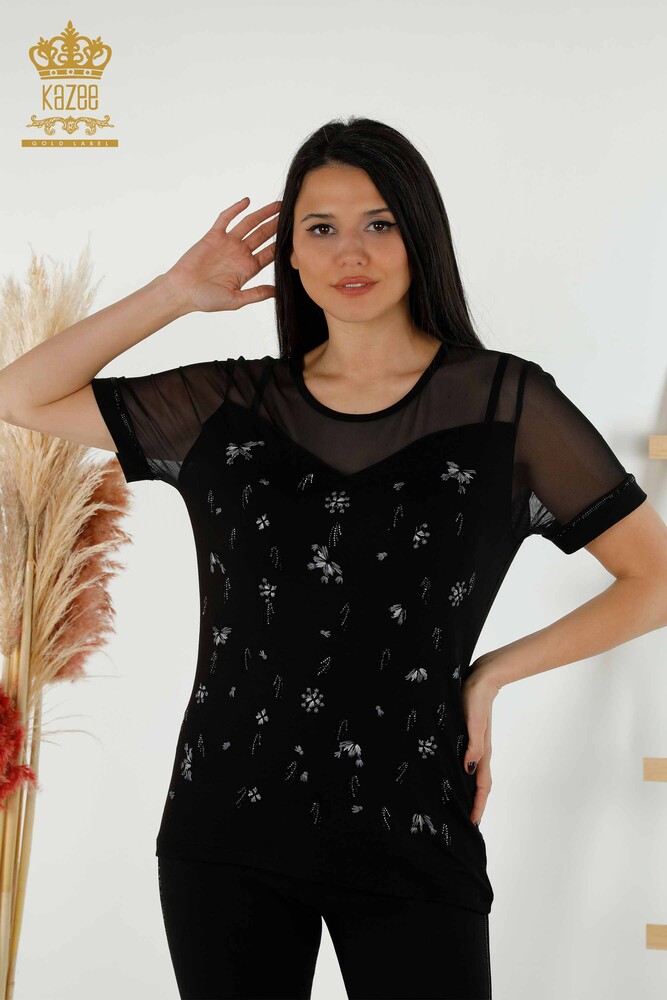 Wholesale Women's Blouse - Tulle Detailed - Black - 79133 | KAZEE - 1