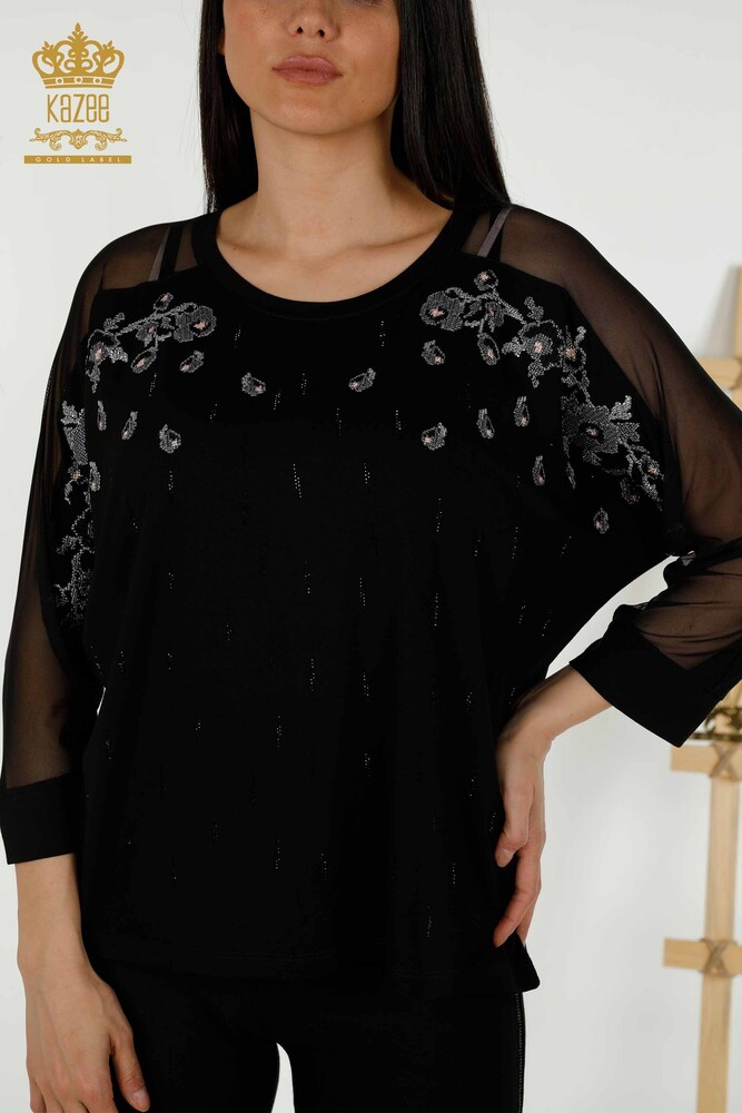 Wholesale Women's Blouse - Tulle Detailed - Black - 79136 | KAZEE - 2