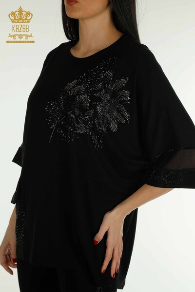 Wholesale Women's Blouse - Tulle Detailed - Black - 79298 | KAZEE - 5