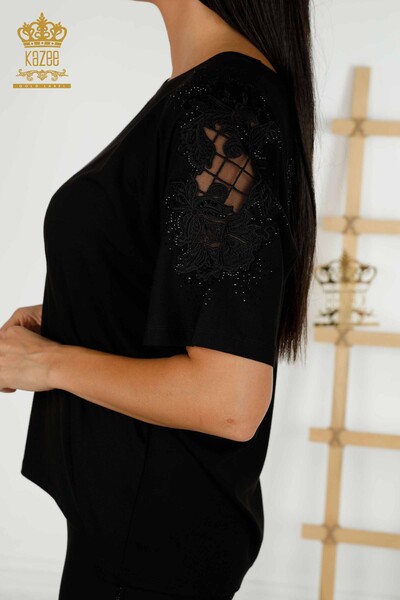 Wholesale Women's Blouse - Tulle Detailed - Black - 79390 | KAZEE - 4