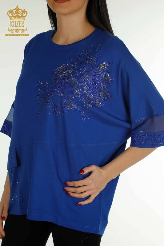 Wholesale Women's Blouse - Tulle Detailed - Dark Blue - 79298 | KAZEE