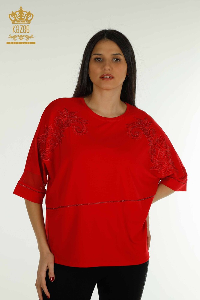 Wholesale Women's Blouse Tulle Detailed Red - 79051 | KAZEE - 1