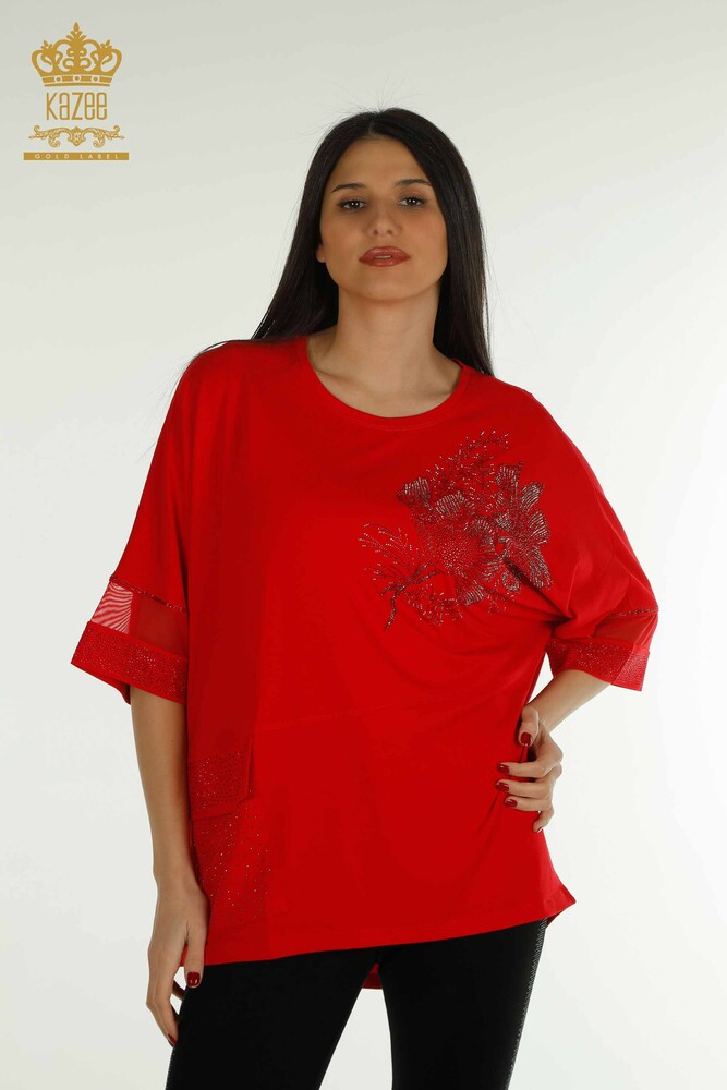 Wholesale Women's Blouse - Tulle Detailed - Red - 79298 | KAZEE - 1