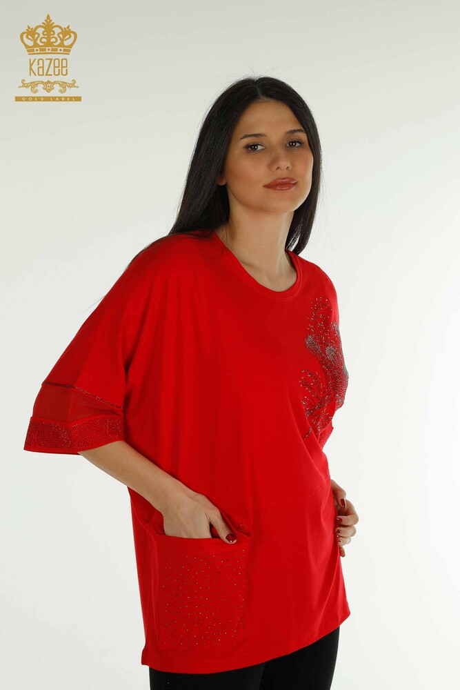 Wholesale Women's Blouse - Tulle Detailed - Red - 79298 | KAZEE - 2