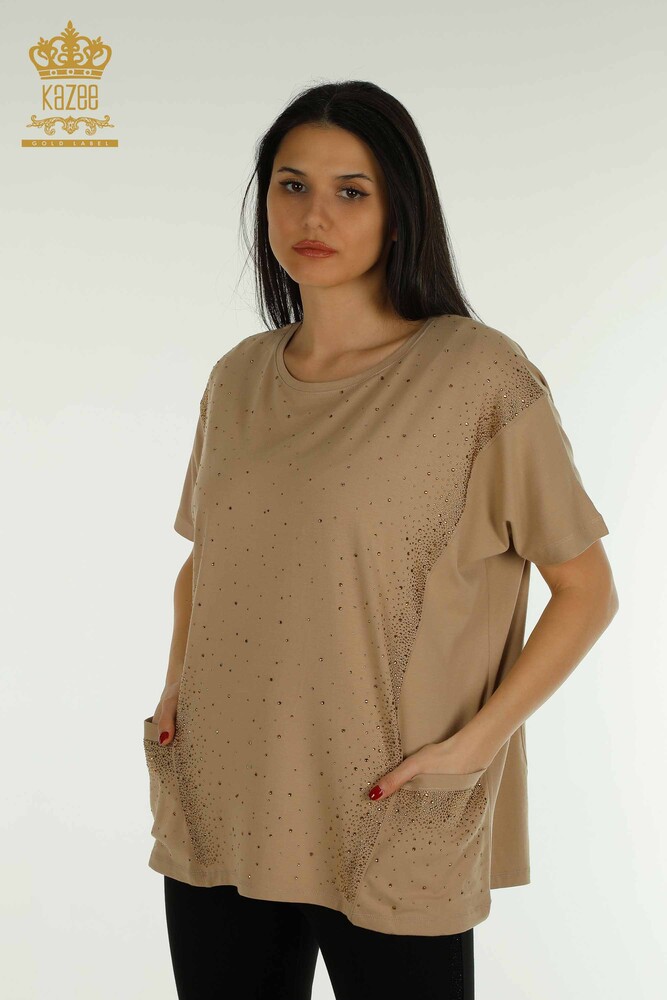 Wholesale Women's Blouse - Two Pockets - Short Sleeve - Beige - 79293 | KAZEE - 1