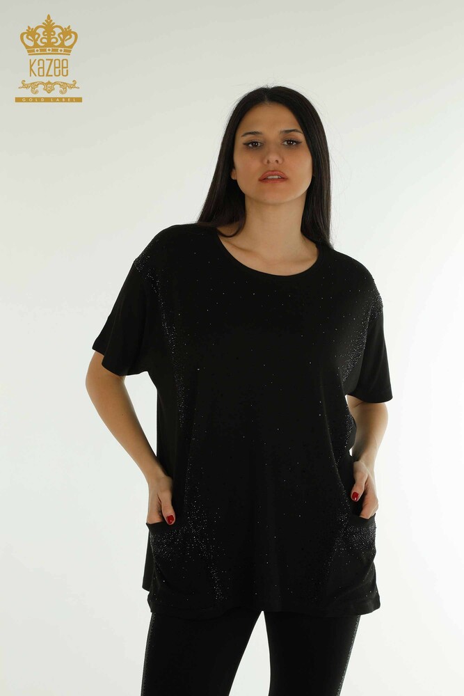 Wholesale Women's Blouse - Two Pockets - Short Sleeve - Black - 79293 | KAZEE - 1