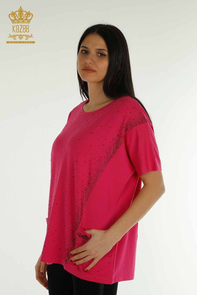 Wholesale Women's Blouse - Two Pockets - Short Sleeve - Fuchsia - 79293 | KAZEE - 1