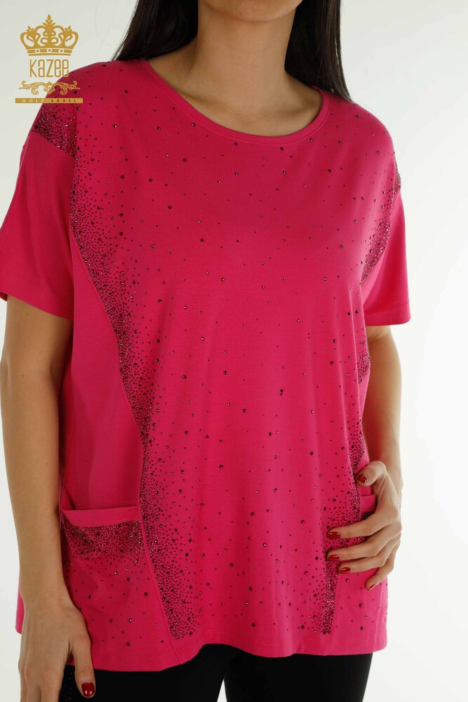 Wholesale Women's Blouse - Two Pockets - Short Sleeve - Fuchsia - 79293 | KAZEE - 2