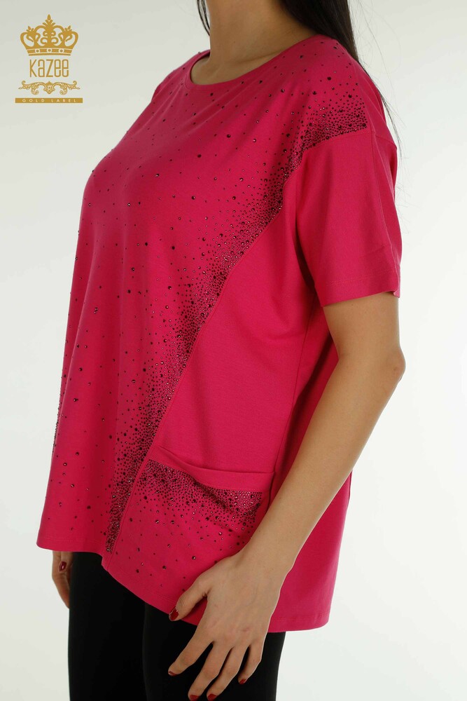 Wholesale Women's Blouse - Two Pockets - Short Sleeve - Fuchsia - 79293 | KAZEE - 3