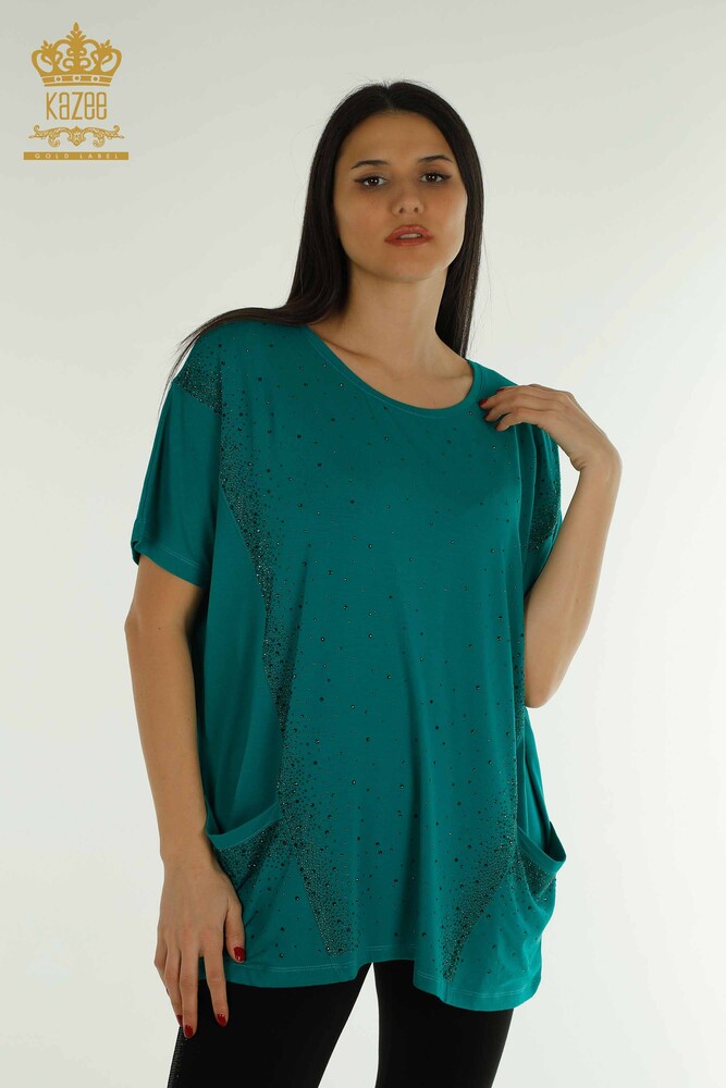 Wholesale Women's Blouse - Two Pockets - Short Sleeve - Green - 79293 | KAZEE - 1