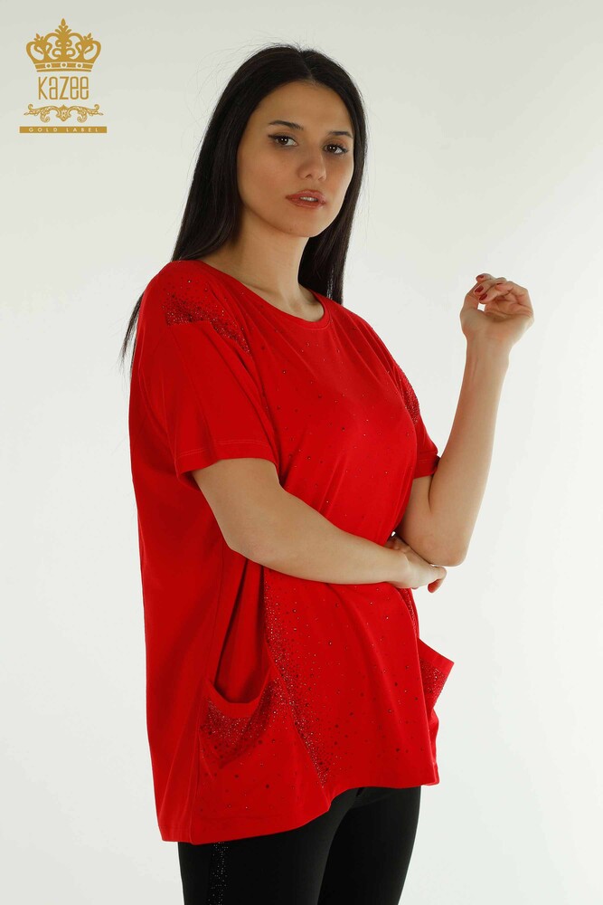 Wholesale Women's Blouse - Two Pockets - Short Sleeve - Red - 79293 | KAZEE - 1