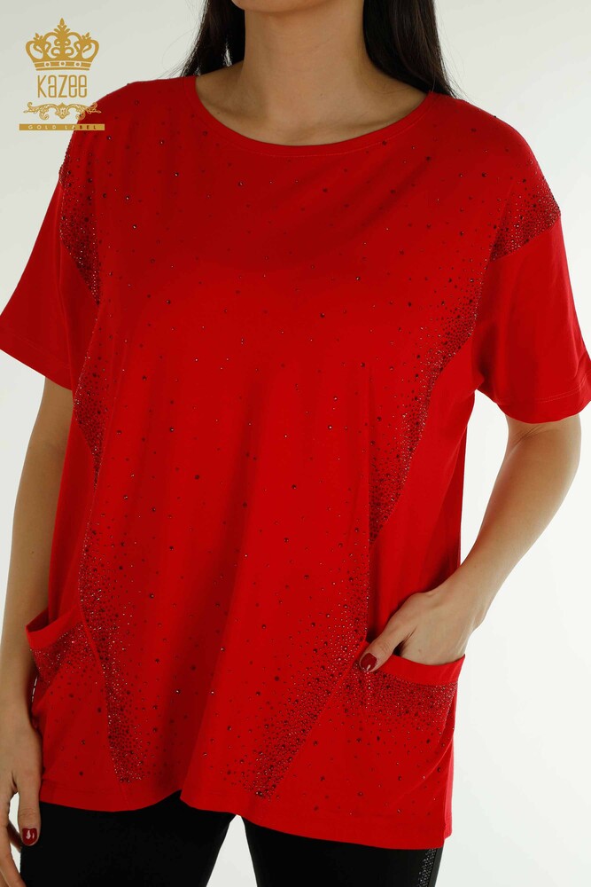 Wholesale Women's Blouse - Two Pockets - Short Sleeve - Red - 79293 | KAZEE - 2