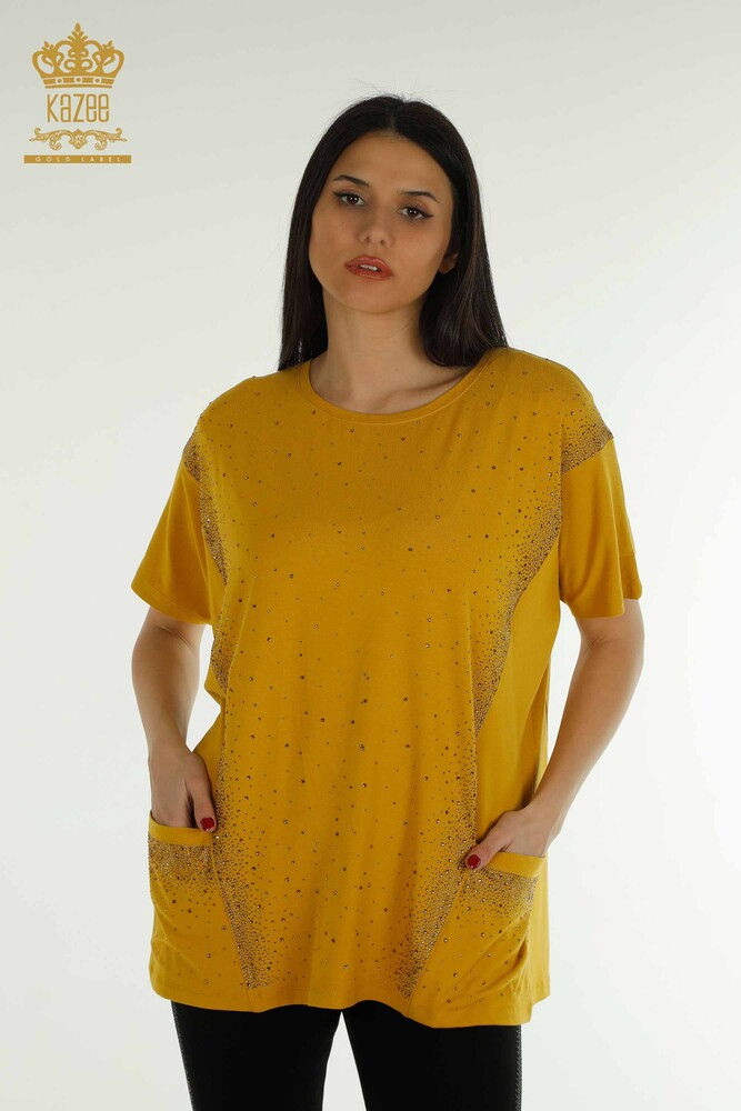 Wholesale Women's Blouse - Two Pockets - Short Sleeve - Saffron - 79293 | KAZEE - 1