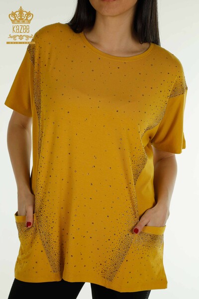 Wholesale Women's Blouse - Two Pockets - Short Sleeve - Saffron - 79293 | KAZEE - 2