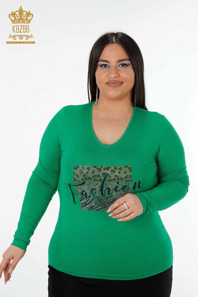 Wholesale Women's Blouse V Neck Green - 79006 | KAZEE - 1