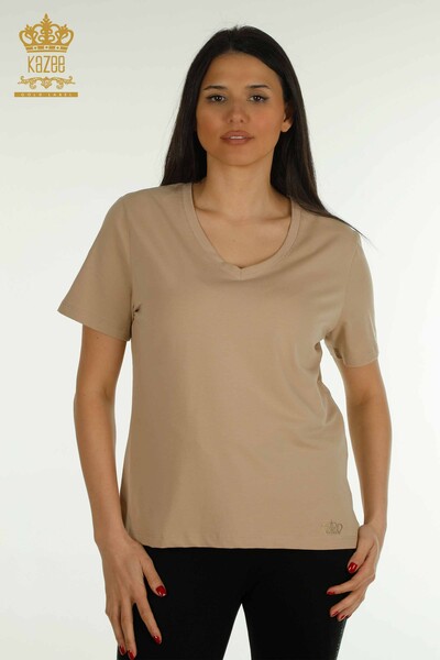 Kazee - Wholesale Women's Blouse V Neck Beige - 79564 | KAZEE