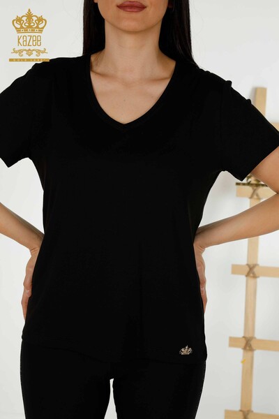 Wholesale Women's Blouse - V Neck - Black - 79179 | KAZEE - 2