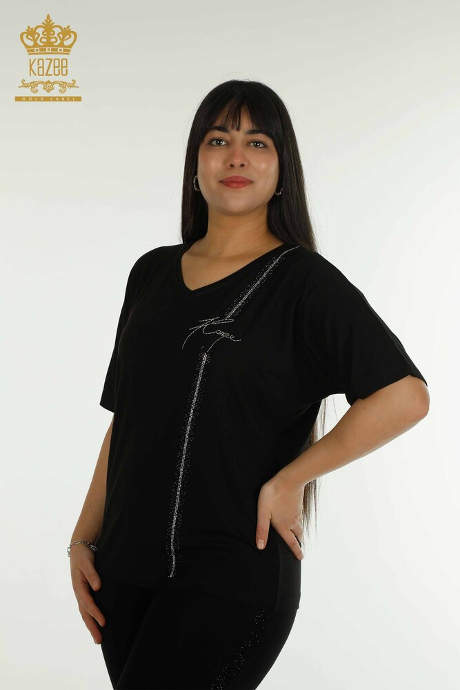 Wholesale Women's Blouse V Neck Black - 79238 | KAZEE - 1