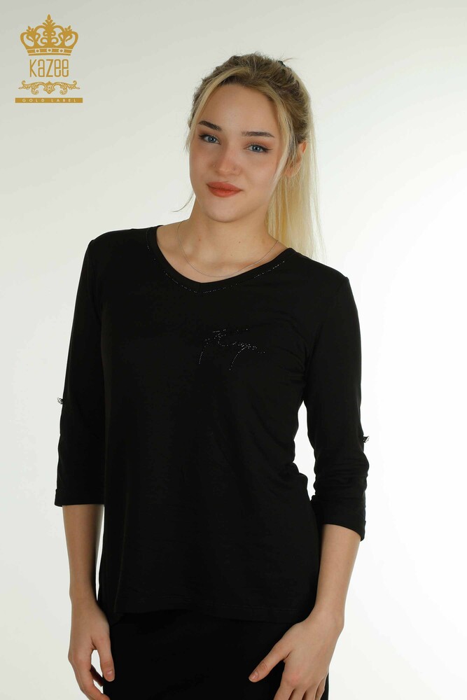 Wholesale Women's Blouse - V Neck - Black - 79309 | KAZEE - 1