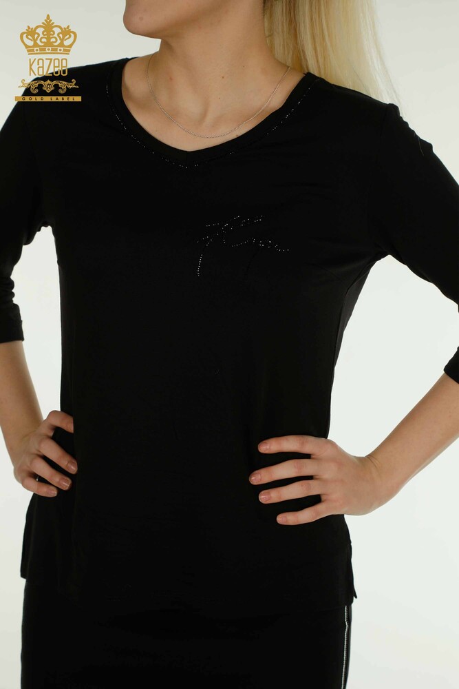 Wholesale Women's Blouse - V Neck - Black - 79309 | KAZEE - 2