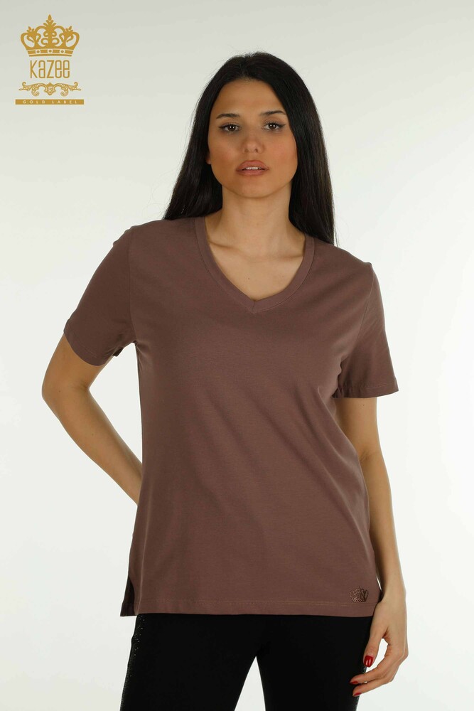 Wholesale Women's Blouse V Neck Brown - 79564 | KAZEE - 1