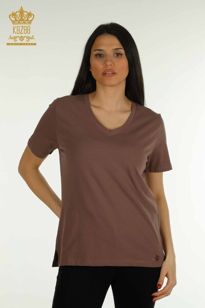 Kazee - Wholesale Women's Blouse V Neck Brown - 79564 | KAZEE