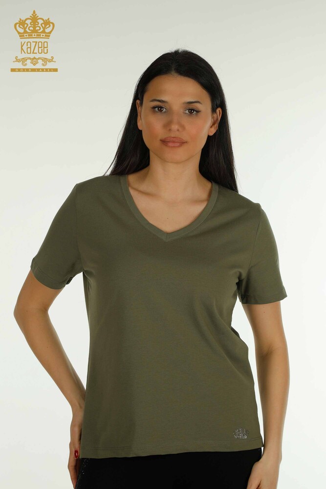 Wholesale Women's Blouse V Neck Khaki - 79564 | KAZEE - 1