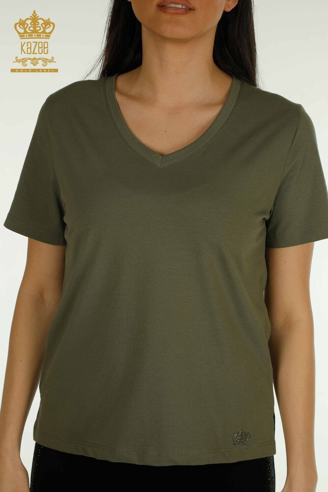 Wholesale Women's Blouse V Neck Khaki - 79564 | KAZEE - 2