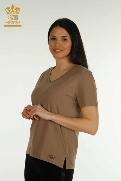 Kazee - Wholesale Women's Blouse V-Neck Light Brown - 79564 | KAZEE