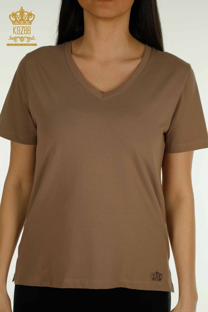 Wholesale Women's Blouse V-Neck Light Brown - 79564 | KAZEE - 2