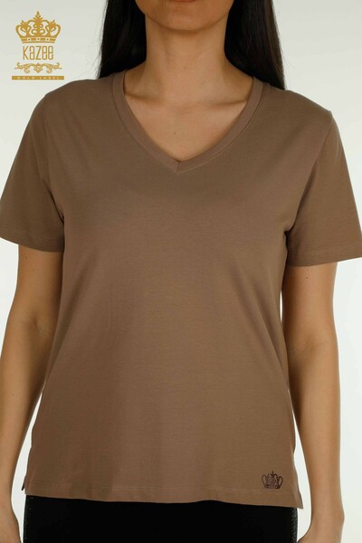 Kazee - Wholesale Women's Blouse V-Neck Light Brown - 79564 | KAZEE (1)