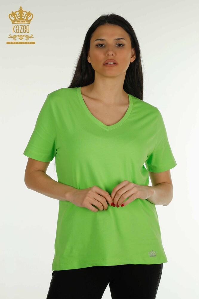 Wholesale Women's Blouse V Neck Pistachio Green - 79564 | KAZEE - 1