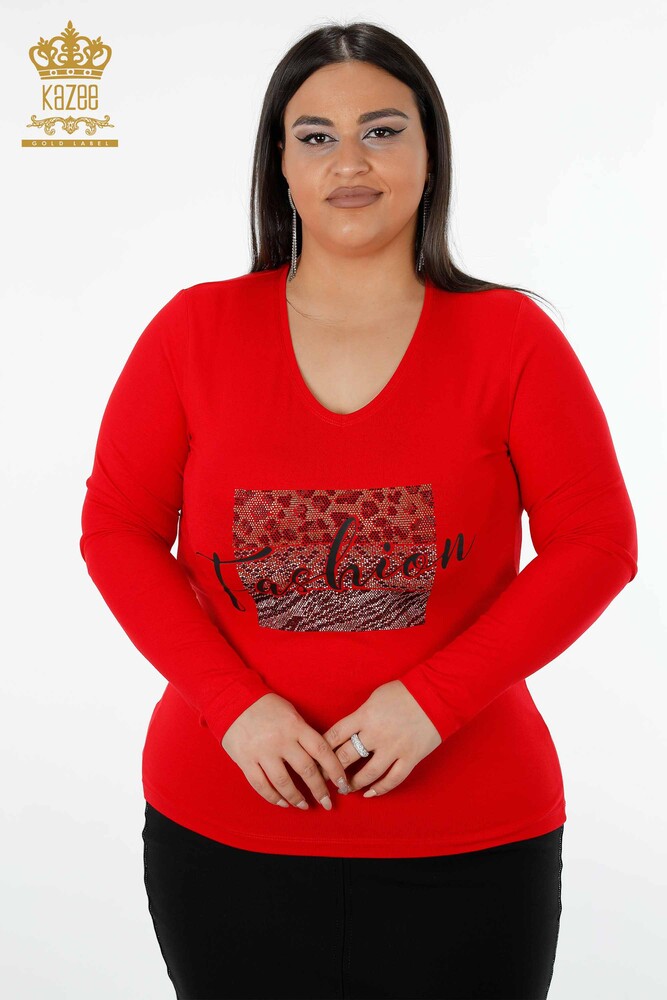 Wholesale Women's Blouse V Neck Red - 79006 | KAZEE - 1