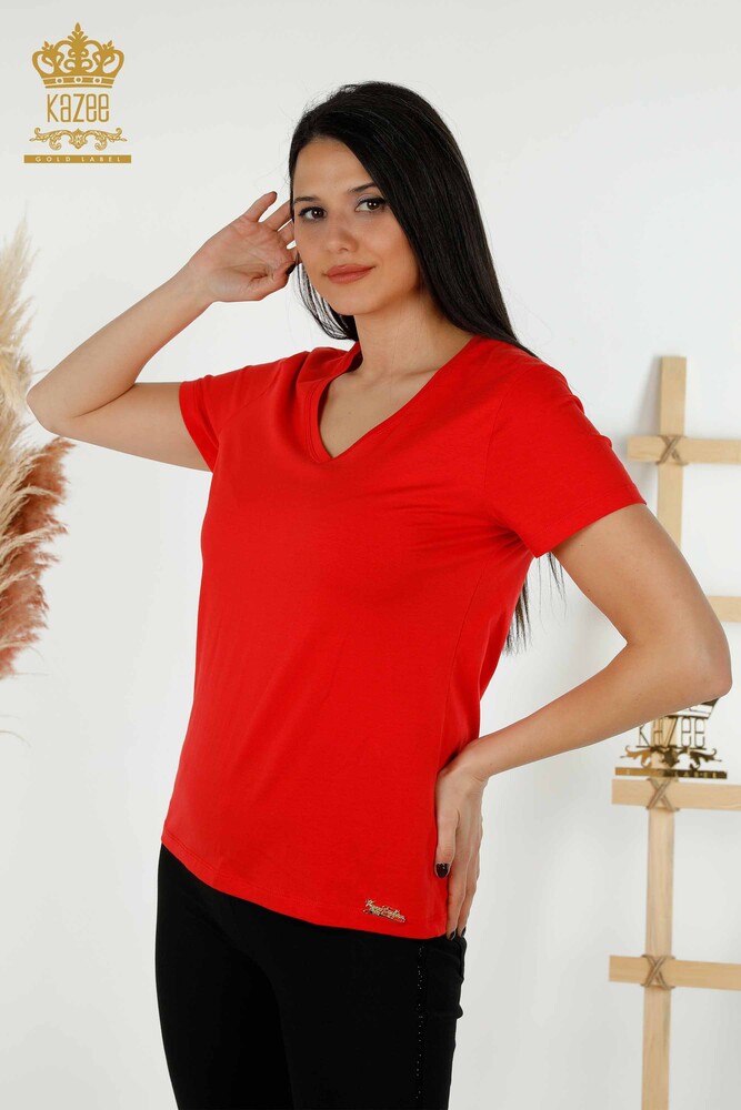 Wholesale Women's Blouse - V Neck - Red - 79179 | KAZEE - 1