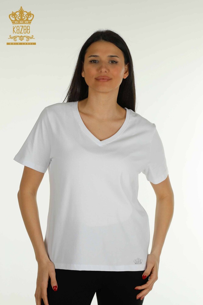 Wholesale Women's Blouse V Neck White - 79564 | KAZEE - 1