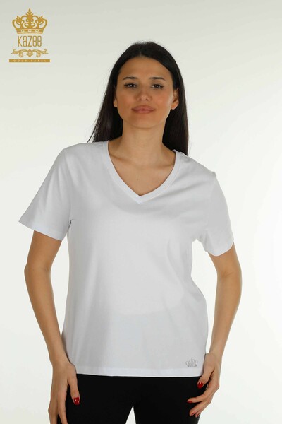 Kazee - Wholesale Women's Blouse V Neck White - 79564 | KAZEE