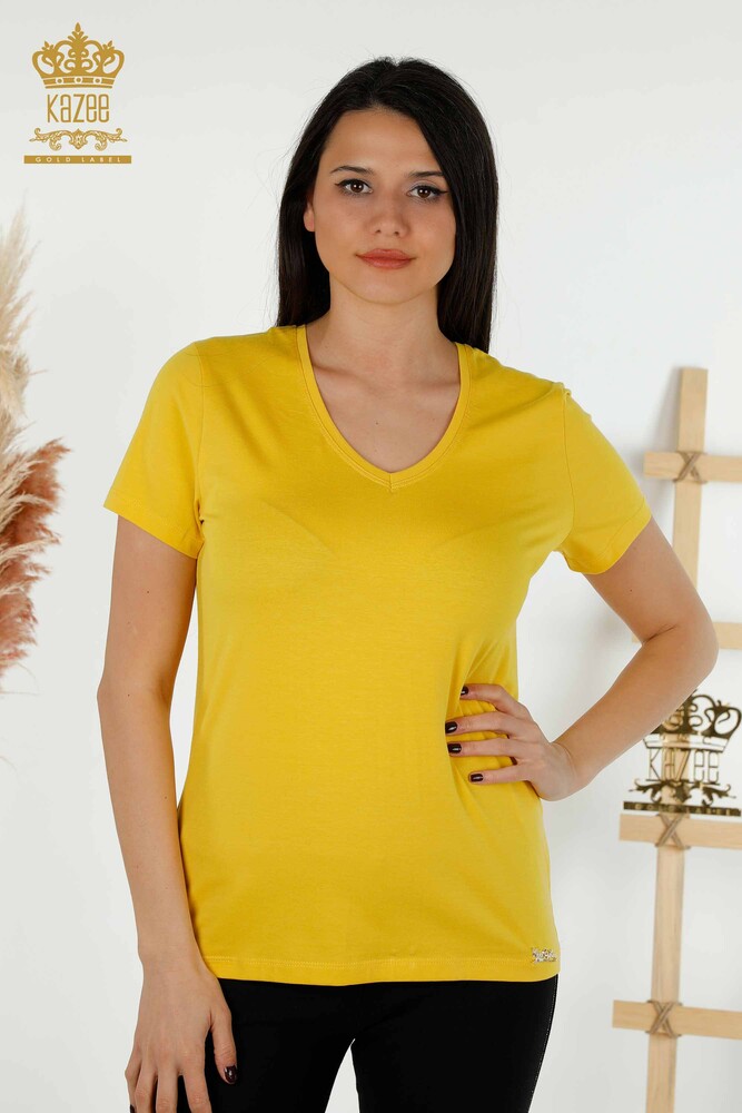 Wholesale Women's Blouse - V Neck - Yellow - 79179 | KAZEE - 1