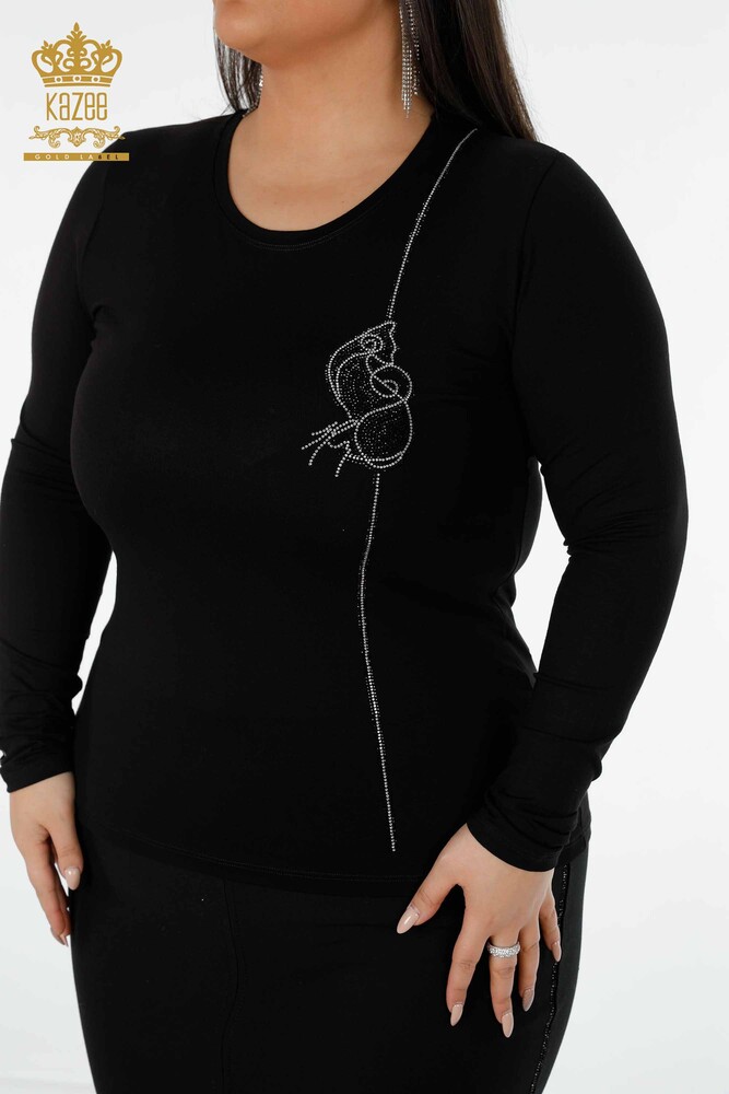 Wholesale Women's Blouse Stone Embroidered Crew Neck Black - 79000 | KAZEE - 2