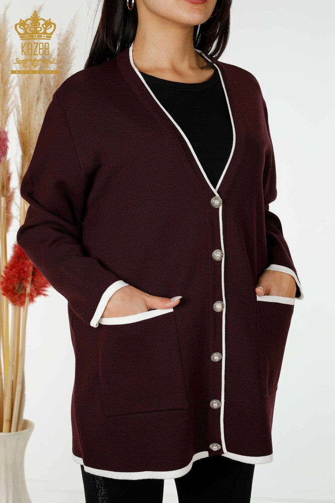 Wholesale Women's Cardigan Buttoned Plum with Pocket - 30148 | KAZEE - 3