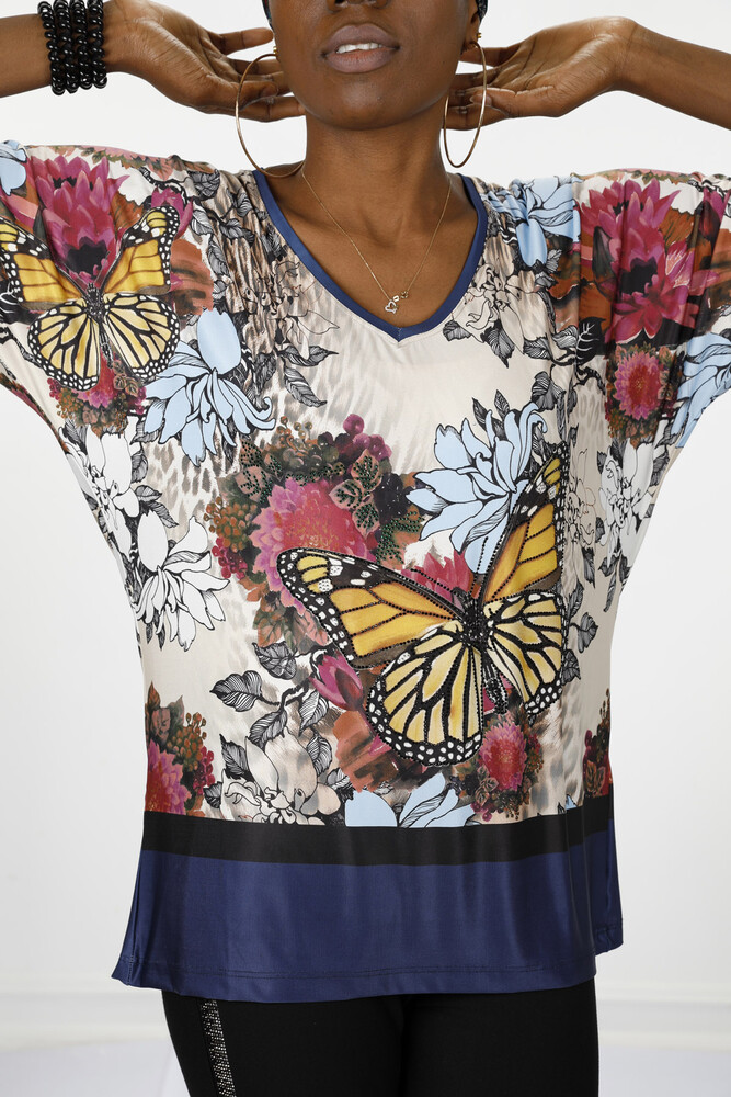 Wholesale Women's Combed Cotton Butterfly Patterned Stone -12026 | KAZEE - 13