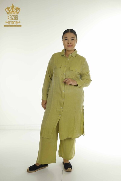 S&M - Wholesale Women's Two-piece Suit with Slit Detail Green - 2402-211684 | S&M