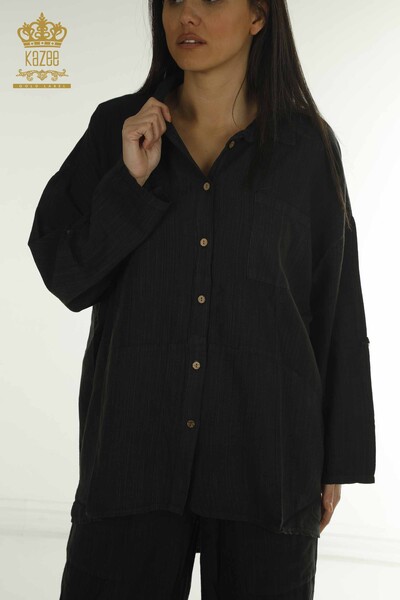 Wholesale Women's Double Suit with Pocket Black - 2402-211670 | S&M - Thumbnail (2)