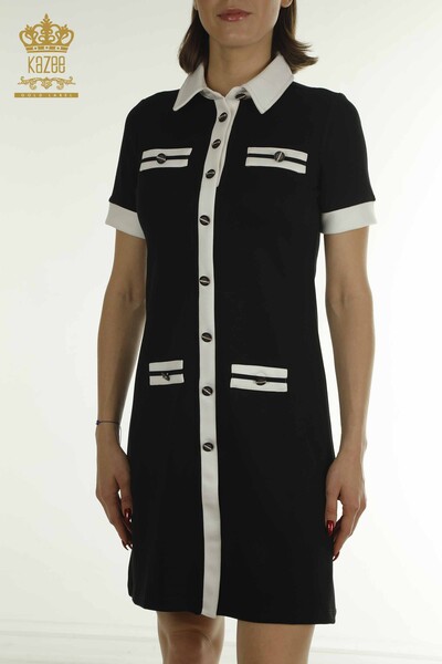 Wholesale Women's Dress Button Detailed Black and White - 17701 | KAZEE - Thumbnail