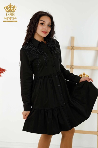 Wholesale Women's Dress - Buttoned - Stone Embroidered - Black - 20229 | KAZEE - 2