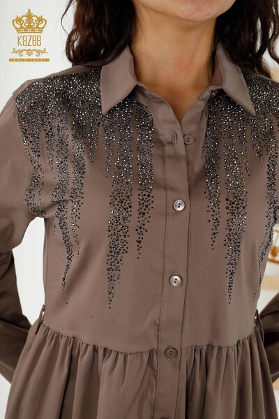 Wholesale Women's Dress - Buttoned - Stone Embroidered - Brown - 20229 | KAZEE - 4