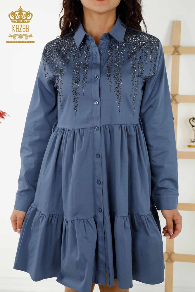 Wholesale Women's Dress - Buttoned - Stone Embroidered - Indigo - 20229 | KAZEE - 3