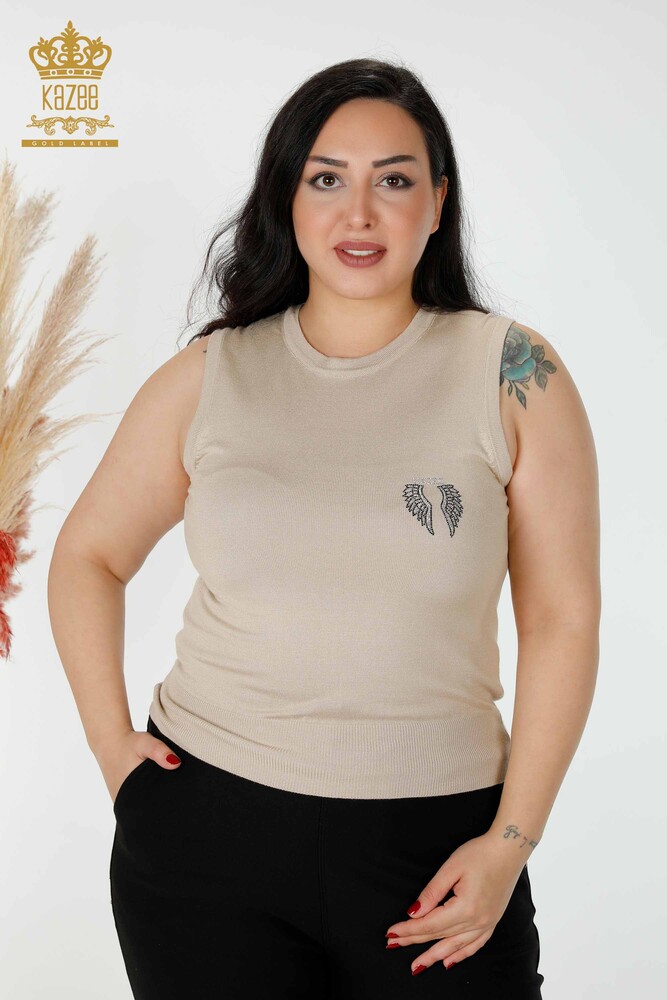 Wholesale Women's Knitwear Angel Wing Pattern Sleeveless Beige - 16921 | KAZEE - 1