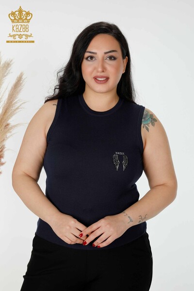 Wholesale Women's Knitwear Angel Wing Pattern Sleeveless Navy - 16921 | KAZEE 